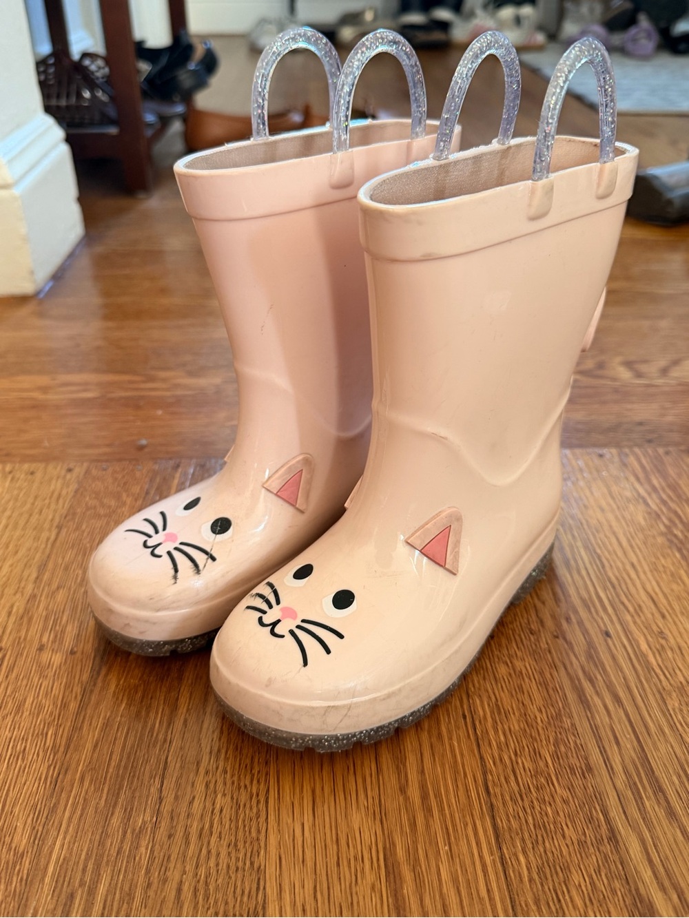 Old Navy Light Pink Cat Rain Boots with Glitter Pull Handles